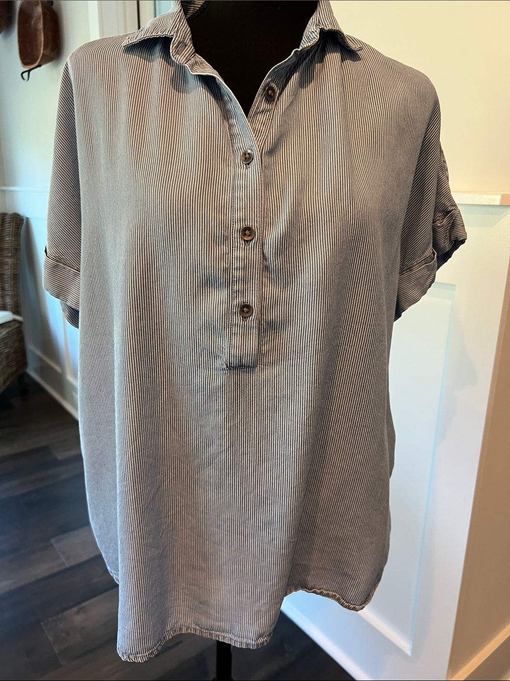 Chaps Blue and White Mini-Stripe Short-Sleeve Henley Blouse